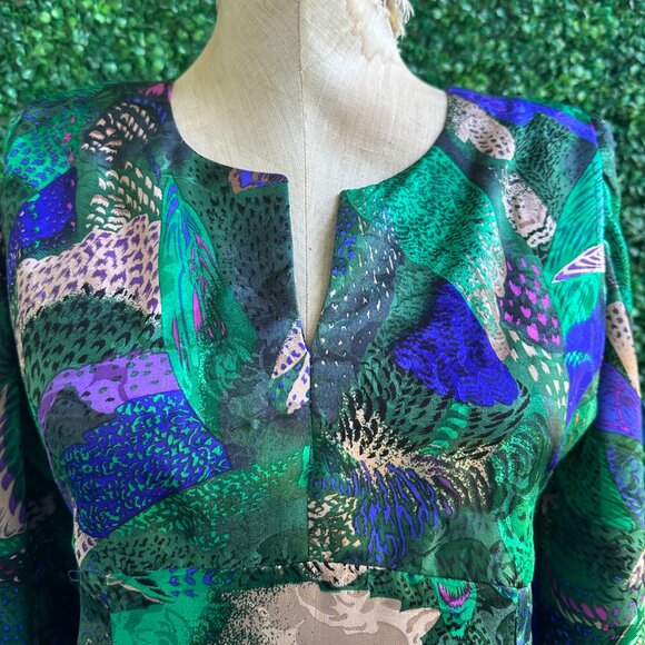 ALONSO Green Floral Abstract Dress Vintage Long Sleeve Size L New without Tag ma - Picture 6 of 7